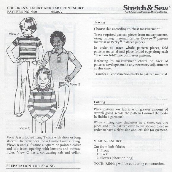 Stretch & Sew Pattern 950 Children's T-Shirt and Tab Front Shirt - UNCUT - Picture 2 of 4
